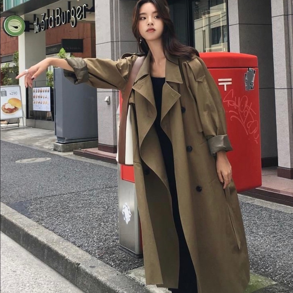 NWT Poppis Olive Green Double-Breasted Trench Coat
